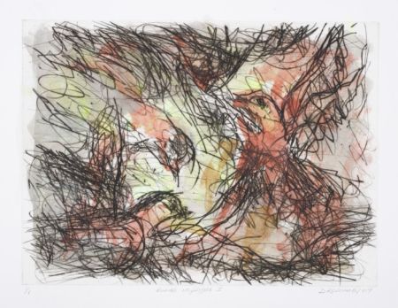 Click the image for a view of: David Koloane. Birds in Flight I. 2009. Hand coloured drypoint. 427X515mm